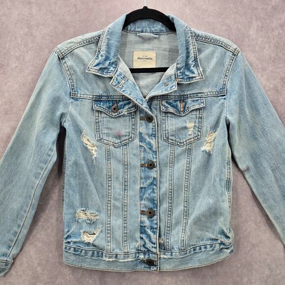 Abercrombie Kids Blue Distress Demin Jeans Button Long Sleeve Jacket Small 10 - Picture 2 of 8